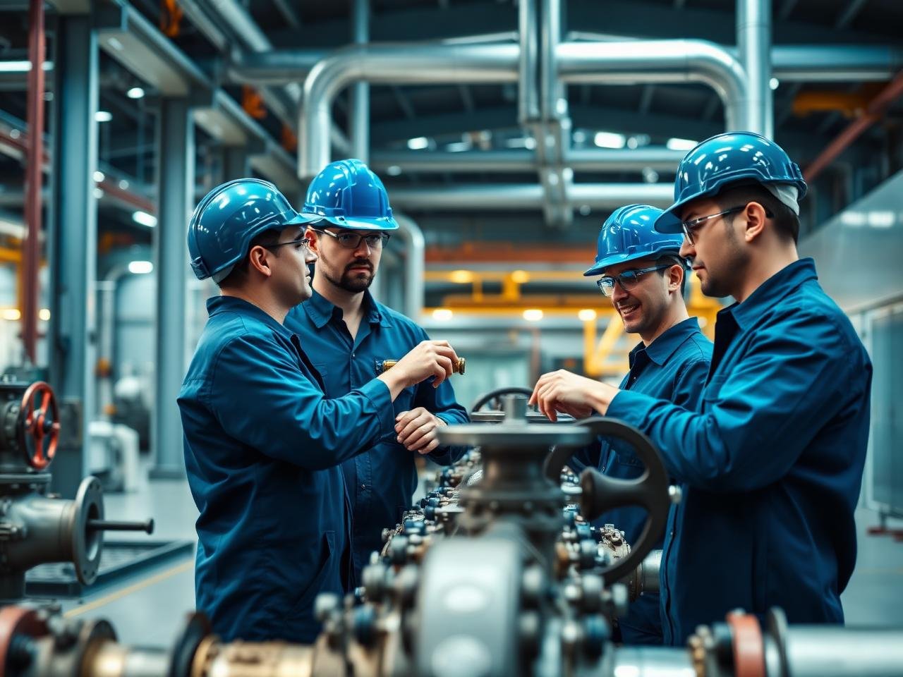 Engineers inspecting industrial valves